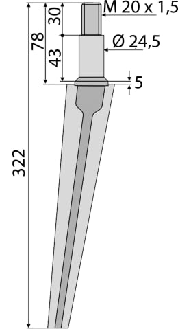 Technische Zeichnung: Industriehof® Kreiseleggenzinken 322 x 39 mm, 24,5 mm für Kreiselegge Doublet-Record, Morra