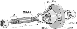 Technische Zeichnung: Industriehof® Lagerung Ø außen 54,5 mm, 100 mm, Lochkreis 80 mm, für Sechscheibe John Deere