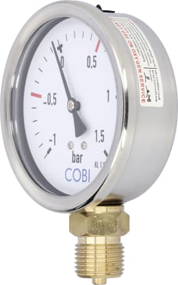 Produktbild: Hücobi Vakuum-Manometer, Anschluss 1/2 unten, -1 bis 1,5 bar, Rote Markierung -0,5 bar, +0,5 bar