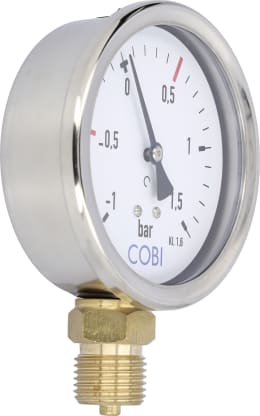 Produktbild: Hücobi Vakuum-Manometer, Anschluss 1/2 unten, -1 bis 1,5 bar, Rote Markierung -0,5 bar, +0,5 bar