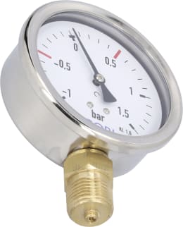 Produktbild: Hücobi Vakuum-Manometer, Anschluss 1/2 unten, -1 bis 1,5 bar, Rote Markierung -0,5 bar, +0,5 bar