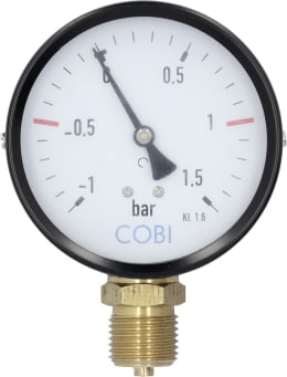 Produktbild: Hücobi Vakuum-Manometer, Anschluss 1/2 unten, -1 bis 1,5 bar, Rote Markierung -0,5 bar, +1,0 bar
