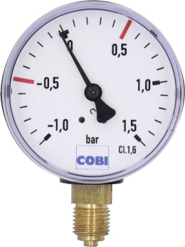 Produktbild: Hücobi Vakuum-Manometer, Anschluss 1/4 unten, -1 bis 1,5 bar, Rote Markierung -0,5 bar, +0,5 bar