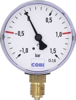 Produktbild: Hücobi Vakuum-Manometer, Anschluss 1/4 unten, -1 bis 1,5 bar, Rote Markierung -0,5 bar, +1,0 bar