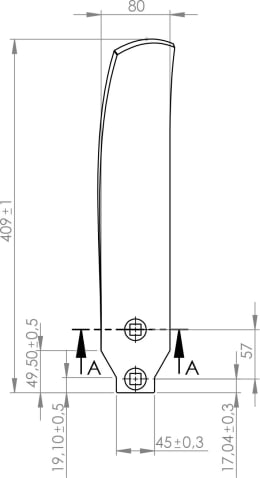 Technische Zeichnung: Leitblech 409 x 45/80 x 8 mm rechts, schmal, für Grubber Horsch TerraGrip, Terrano, Tiger
