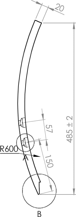 Technische Zeichnung: Scharspitze 485 x 40 x 20 mm hartmetallbeschichtet, für Grubber Horsch