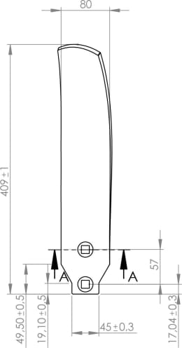 Technische Zeichnung: Leitblech 409 x 45/80 x 8 mm links/rechts, schmal, für Grubber Horsch TerraGrip, Terrano, Tiger