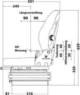 Technische Zeichnung: Grammer Traktorsitz Compacto® Basic W, mechanisch gefedert, Stoff, anthrazit/grün/silber
