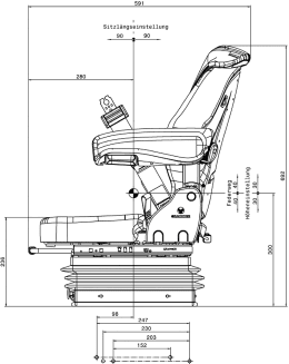 Technische Zeichnung: Grammer Traktorsitz Compacto® Comfort S, luftgefedert, Kunstleder, schwarz