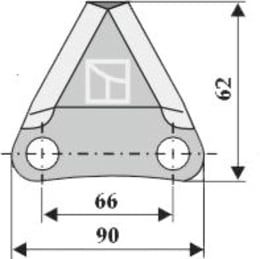 Technische Zeichnung: Industriehof® Fräsmesserklinge 62 x 90 x 4 mm gewinkelt, für Futtermischwagen Frasto, Storti, Walker