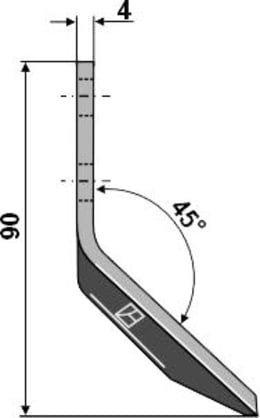 Technische Zeichnung: Industriehof® Fräsmesserklinge links 90 x 40 x 4 mm, gewinkelt, für Futtermischwagen Walker, 70-124