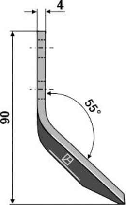 Technische Zeichnung: Industriehof® Fräsmesserklinge links 90 x 40 x 4 mm, gewinkelt, für Futtermischwagen Sgariboldi, 70-574