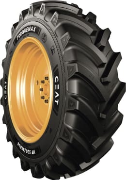Produktbild: CEAT Traktorreifen Torquemax mit gelbem Felgenring und grobem Stollenprofil