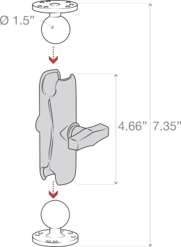 Technische Zeichnung: RAM® MOUNTS Verbinder mit C-Kugeln, runden Grundplatten, AMPS-Lochraster