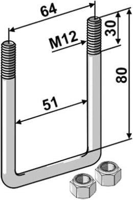 Technische Zeichnung: Industriehof® Bügelschraube L x B innen 80 x 51 mm, M 12 x 1,75 - 8.8 mit selbstsichernden Muttern