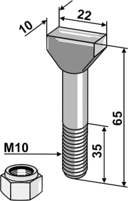 Technische Zeichnung: Industriehof® Hammerschraube M 10 x 65 - 8.8 mit Sicherungsmutter für Zinkenrotor Falc, Raus
