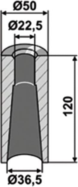 Technische Zeichnung: Industriehof® Einschweißbuchse 36,5, 22,5 x 50 x 120 mm, für Zinken mit Gewinde M 22
