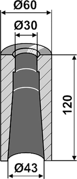 Technische Zeichnung: Industriehof® Einschweißbuchse 30, 43 x 60 x 120 mm, für Zinken mit Gewinde M 28