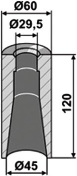 Technische Zeichnung: Industriehof® Einschweißbuchse 29,5, 45 x 60 x 120 mm, für Zinken mit Gewinde M 28