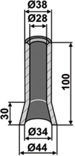 Technische Zeichnung: Industriehof® Einschweißbuchse 34, 28 x 44, 38 x 100 mm, für Zinken mit Gewinde M 20