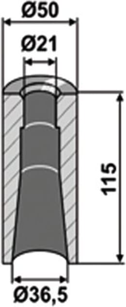Technische Zeichnung: Industriehof® Einschweißbuchse 21, 36,5 x 50 x 115 mm, für Zinken mit Gewinde M 20