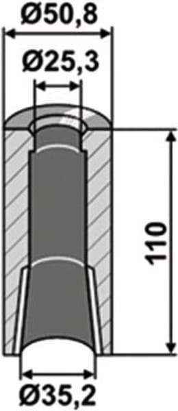 Technische Zeichnung: Industriehof® Einschweißbuchse 25,3, 35,2 x 50,8 x 110 mm, für Zinken mit Verdrehsicherung