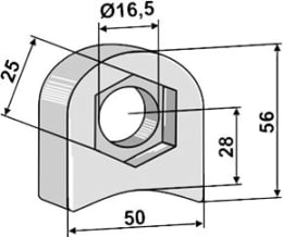 Technische Zeichnung: Industriehof® Halter 56 x 50 x 17,5 mm, Bohrung 16,5 mm, mit Sechkantansatz Agricom Schlegelmesser