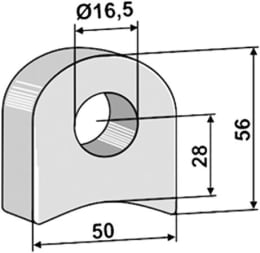 Technische Zeichnung: Industriehof® Halter 56 x 50 x 17,5 mm, Bohrung 16,5 mm, ohne Sechkantansatz Agricom Schlegelmesser