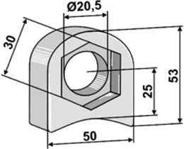 Technische Zeichnung: Industriehof® Halter 53 x 50 x 18 mm, Bohrung 20,5 mm, mit Sechkantansatz Sicma Schlegelmesser