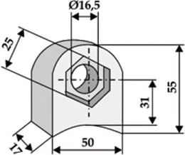 Technische Zeichnung: Industriehof® Halter 55 x 50 x 17 mm, Bohrung 16,5 mm, mit Sechkantansatz universal Schlegelmesser