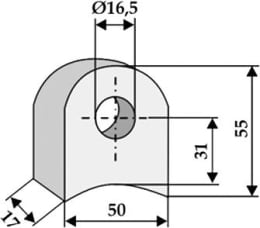 Technische Zeichnung: Industriehof® Halter 55 x 50 x 17 mm, Bohrung 16,5 mm, ohne Sechkantansatz universal Schlegelmesser