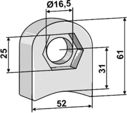 Technische Zeichnung: Industriehof® Halter 61 x 52 x 18 mm, Bohrung 16,5 mm, mit Sechkantansatz Sicma Schlegelmesser