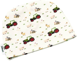 Produktbild: Fendt Wendemütze für Babys in cremeweiß mit Traktor- und Tiermotiven, Innenseite hellgrün