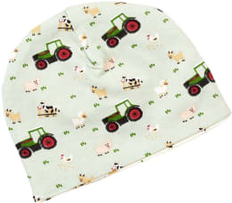 Produktbild: Fendt Wendemütze für Babys, hellgrün mit Traktor- und Bauernhoftiermotiven