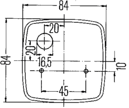 Technische Zeichnung: Hella® Blinkleuchte quadratisch, hinten links/rechts, 84 x 84 x 51 mm, Befestigung Anbau