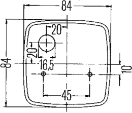 Technische Zeichnung: Hella® Blink- und Positionsleuchte quadratisch, vorn links/rechts, 84 x 84 x 51 mm, Befestigung Anbau