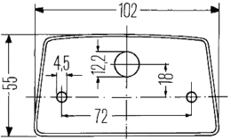 Technische Zeichnung: Hella® Kennzeichenleuchte hinten links/rechts, R10W, schwarz, oval, 102 x 55 x 56,5 mm, Sockel BA15s