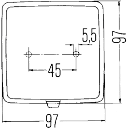 Technische Zeichnung: Hella® Nebelschlussleuchte NES 9, quadratisch, links/rechts, 97 x 97 x 57 mm, 024016, E1 8486