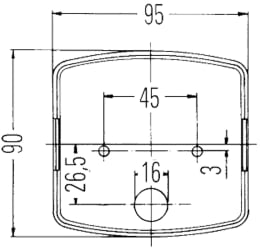 Technische Zeichnung: Hella® Schlussleuchte mit Maßangaben, 95 x 90 x 54,5 mm