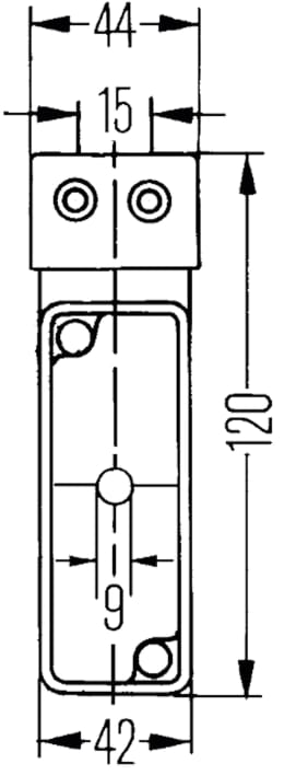 Technische Zeichnung: Hella® Positionsleuchte seitlich links/rechts weiß, rot, mit gewinkeltem Halter