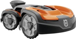 Produktbild: Mähroboter in Orange und Grau mit Ladestation
