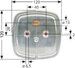 Technische Zeichnung: GEKA Heckleuchte 120 x 120 mm mit Bemaßung und Befestigungspunkten