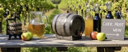 Lifestyle: Getränkefass in Holzoptik auf Tisch mit Karaffe, Flaschen und Äpfeln vor Weinberg