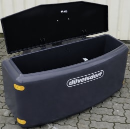 Produktbild: Düvelsdorf Transportbox mit geöffnetem schwarzem Deckel, grau mit gelben Reflektoren