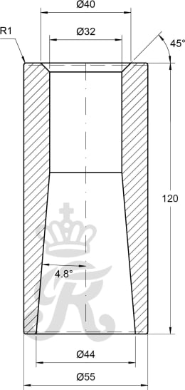 Technische Zeichnung: SHW Einschweißbuchse VB013 konisch 44, 32 x 55 x 120 mm, für Frontladerzinken M 28