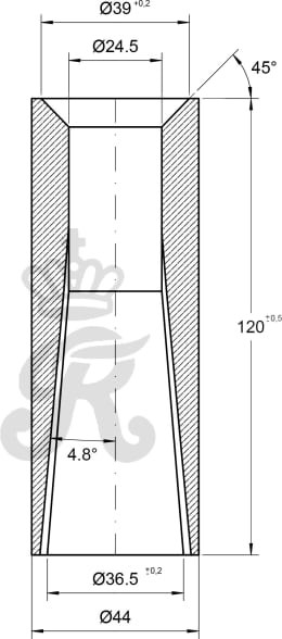 Technische Zeichnung: SHW Einschweißbuchse VB001-36 konisch 36 x 44 x 120 mm, für Frontladerzinken M 22