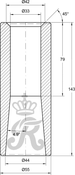 Technische Zeichnung: SHW Einschweißbuchse VB174 konisch 44 x 55 x 143 mm, für Frontladerzinken M 30