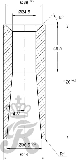 Technische Zeichnung: SHW Einschweißbuchse VB001 konisch 36, 24,5 x 44 x 120 mm, für Frontladerzinken M 22