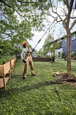 Lifestyle: Frau schneidet mit STIHL Akku-Hochentaster HTA 30 Äste im Garten