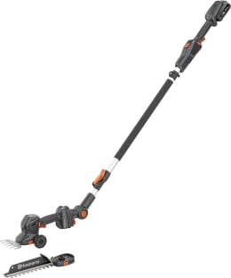 Produktbild: Husqvarna Akku-Grasschere mit Teleskop-Verlängerung und Rädern, grau-orange, mit Akku